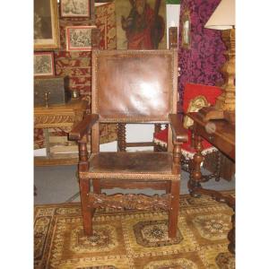 17th Century Spanish Walnut And Leather Armchair.