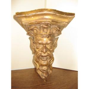 Fauna Head In Carved And Gilded Wood From The Nineteenth Century Forming A Console.