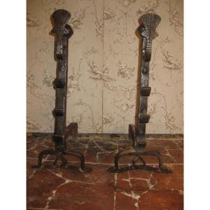 Pair Of 17th Century Wrought Iron Wedding Andirons.