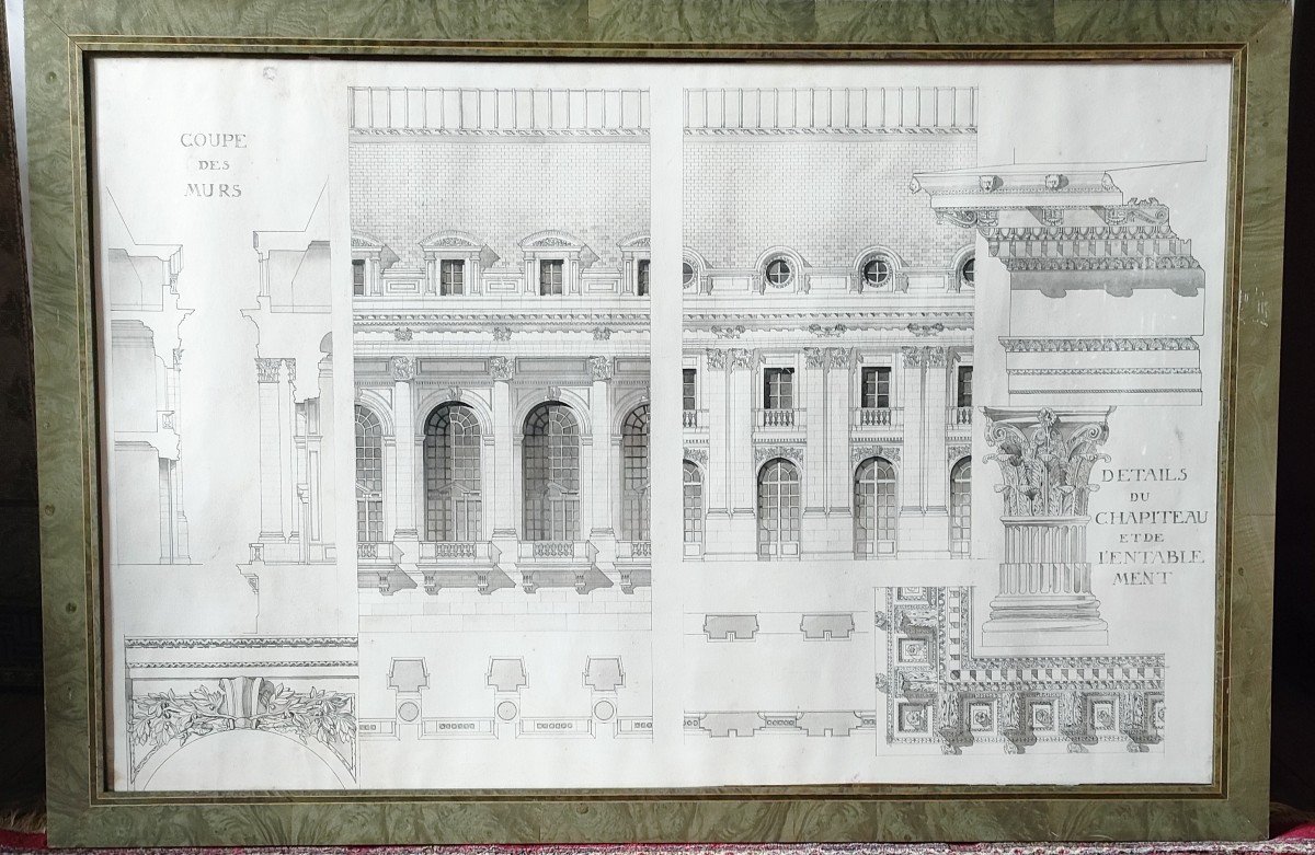 Paire De Grands Dessins d'Architecture Encadrés-photo-2