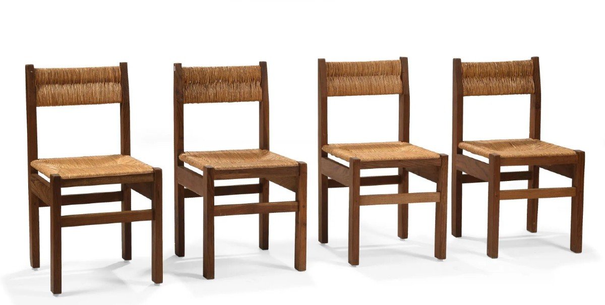 Ensemble De 4 Chaises Paillées - René Sourzac