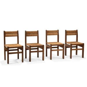 Ensemble De 4 Chaises Paillées - René Sourzac