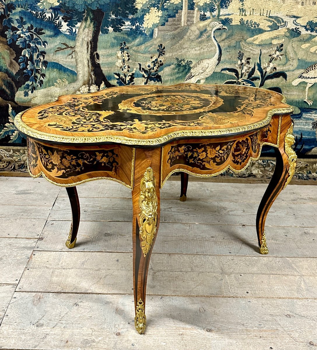 Violin Shaped Middle Table In Marquetry, Or Desk, Napoleon III Period-photo-2