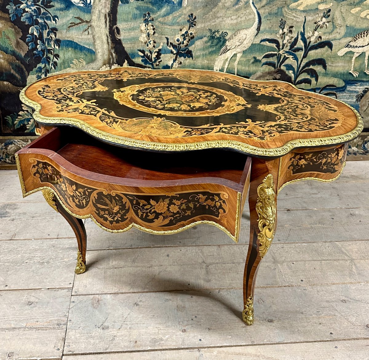 Violin Shaped Middle Table In Marquetry, Or Desk, Napoleon III Period-photo-5