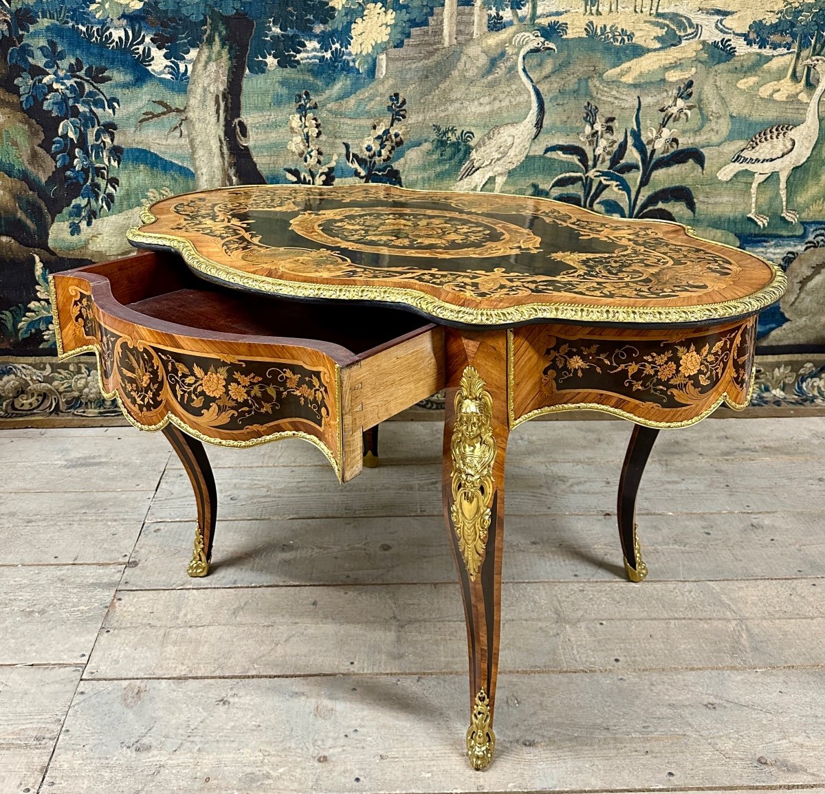 Violin Shaped Middle Table In Marquetry, Or Desk, Napoleon III Period-photo-6