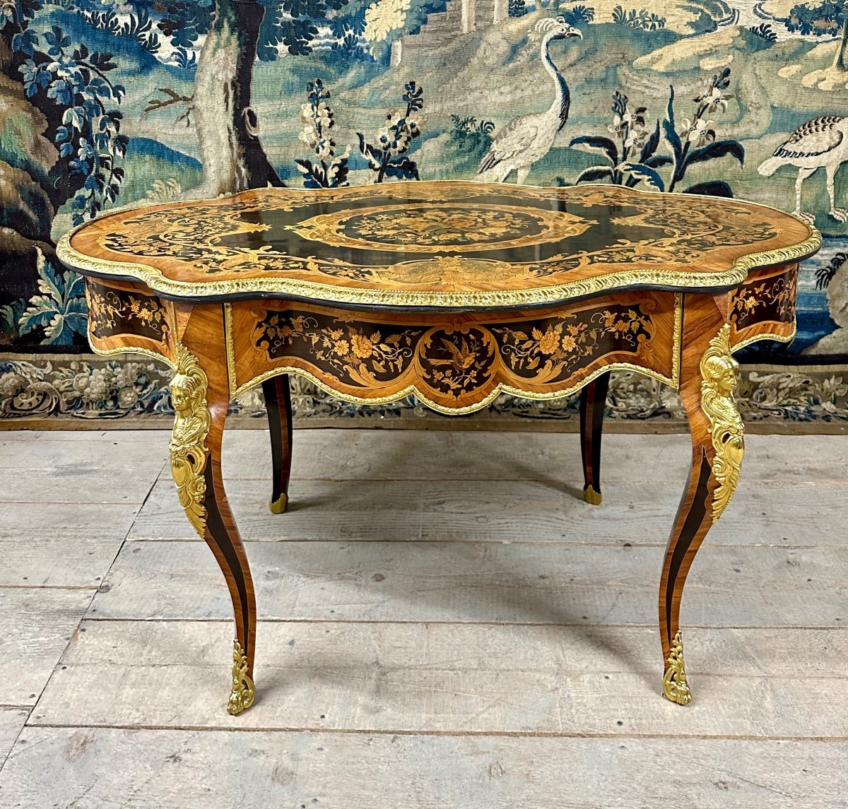 Violin Shaped Middle Table In Marquetry, Or Desk, Napoleon III Period