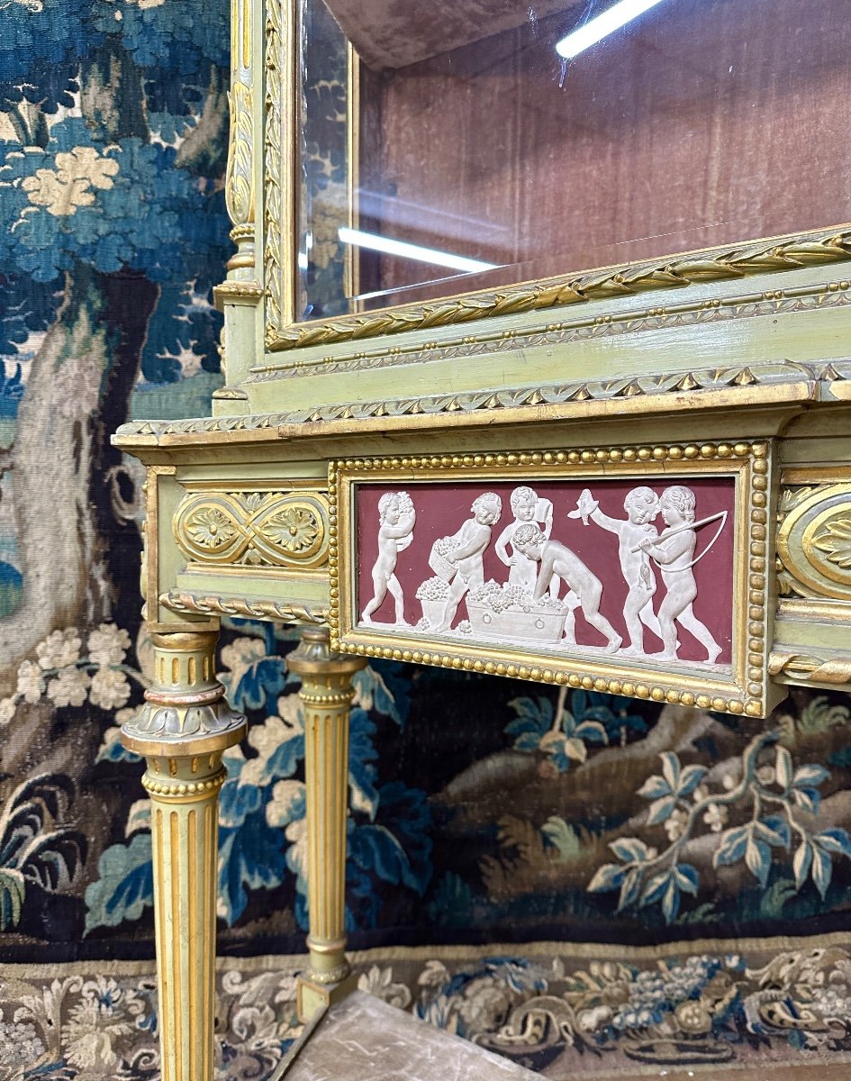 Grande Vitrine En Bois Laqué Rechampi Doré Et Wedgwood, Style Louis XVI-photo-2