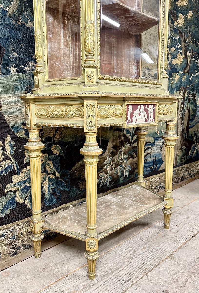 Grande Vitrine En Bois Laqué Rechampi Doré Et Wedgwood, Style Louis XVI-photo-7