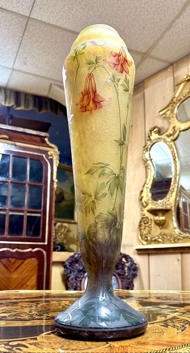 Daum Nancy - Important Vase Aux Ancolies De 53 Cm D’époque Art Nouveau, Pâte De Verre-photo-4