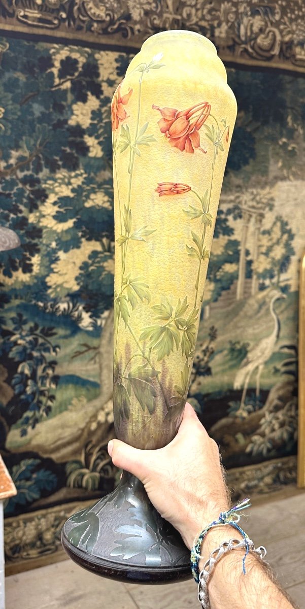 Daum Nancy - Important Vase Aux Ancolies De 53 Cm D’époque Art Nouveau, Pâte De Verre-photo-7