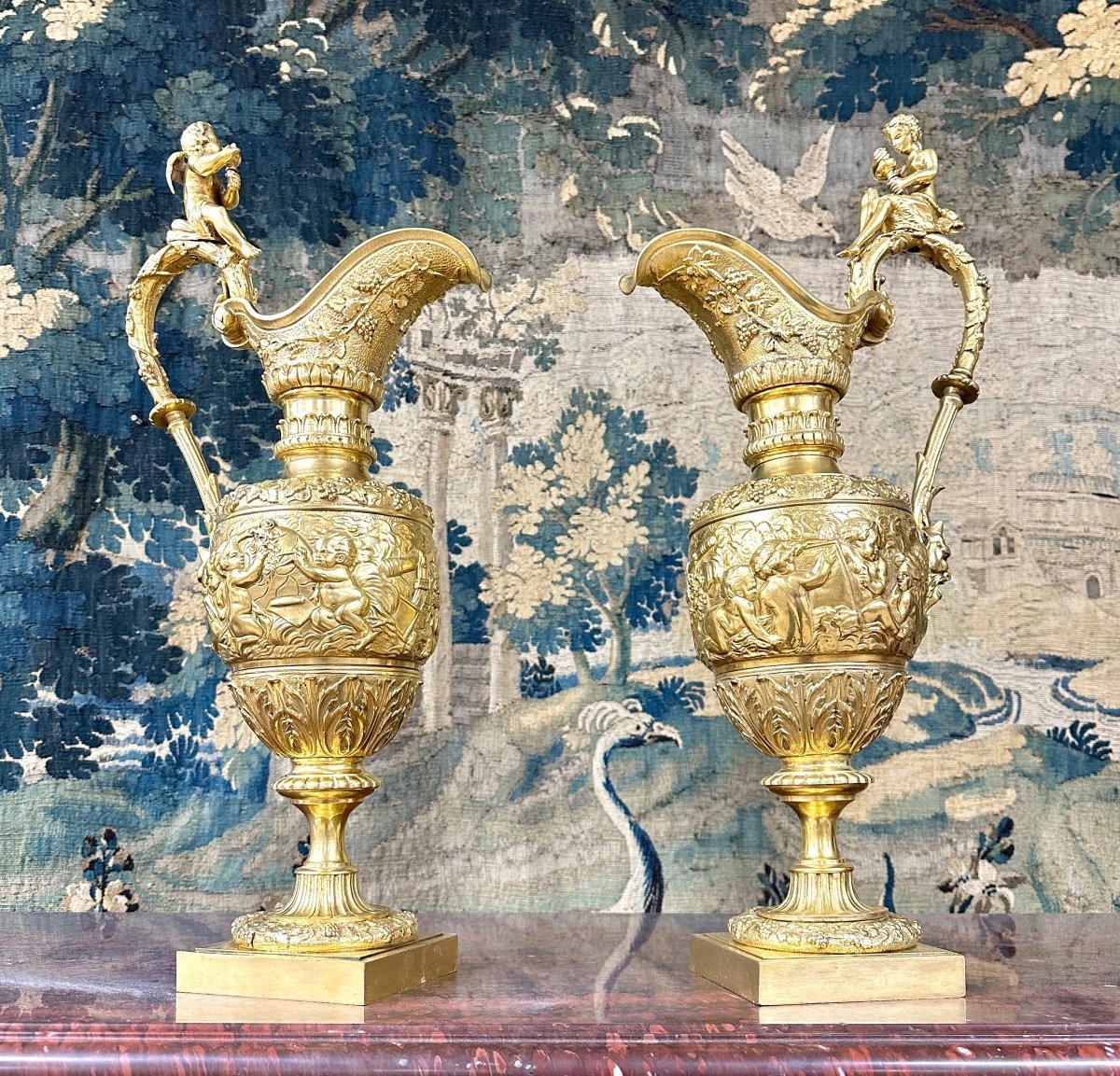 Paire D´aiguières En Bronze Doré à Décor De Grappes De Vignes, Raisins, époque Napoléon III-photo-2