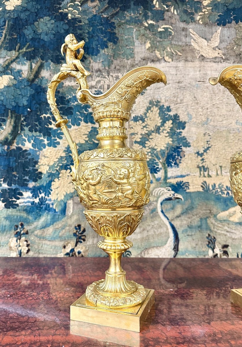 Paire D´aiguières En Bronze Doré à Décor De Grappes De Vignes, Raisins, époque Napoléon III-photo-3