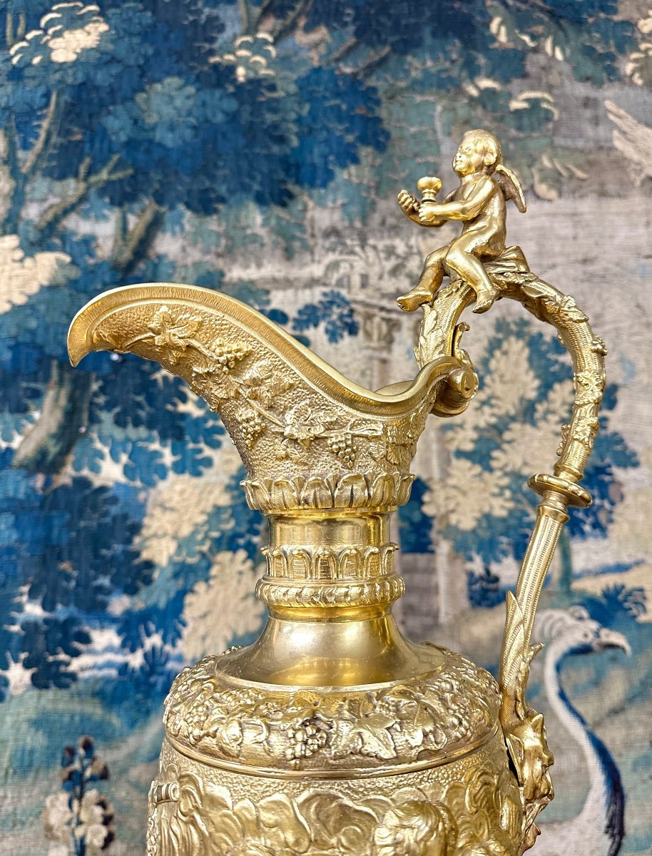 Paire D´aiguières En Bronze Doré à Décor De Grappes De Vignes, Raisins, époque Napoléon III-photo-1