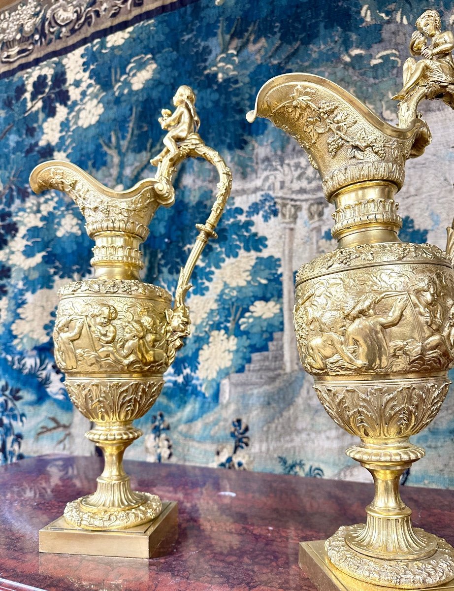 Paire D´aiguières En Bronze Doré à Décor De Grappes De Vignes, Raisins, époque Napoléon III-photo-4