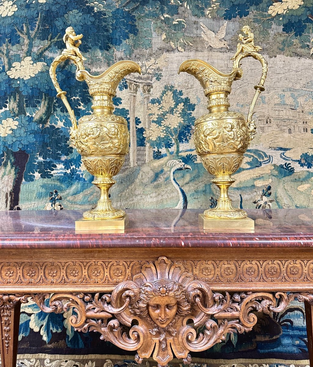 Paire D´aiguières En Bronze Doré à Décor De Grappes De Vignes, Raisins, époque Napoléon III-photo-8