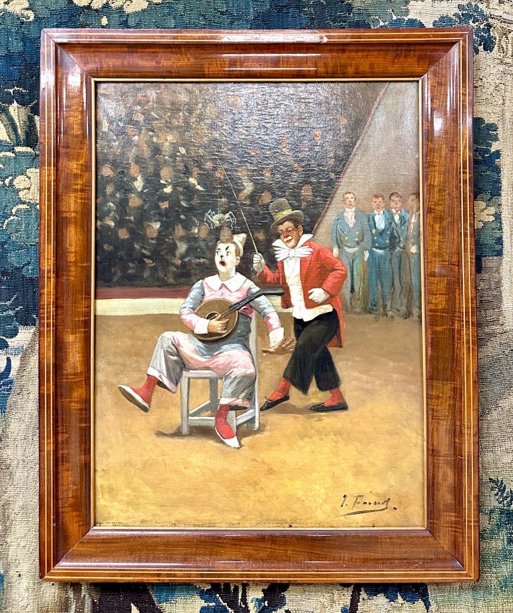 Joseph Faverot (1862-1915) - Les Clowns Musiciens Au Cirque, Huile Sur Toile Fin XIXème Siècle-photo-2