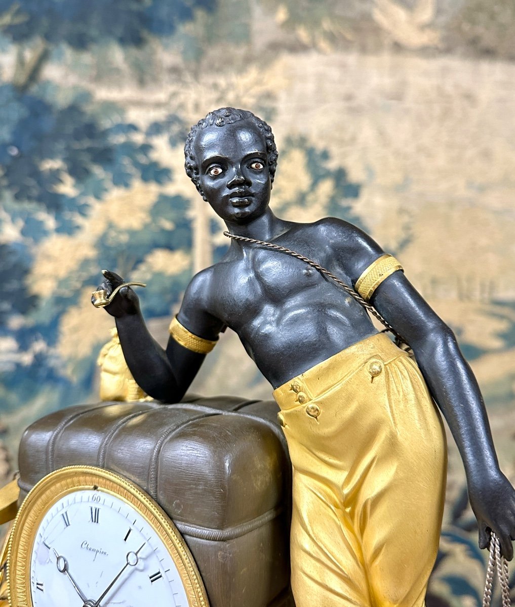 Empire Period Sailor Clock, Called "black Pendulum", Gilt Bronze And Patinated Bronze After Deverberie-photo-1