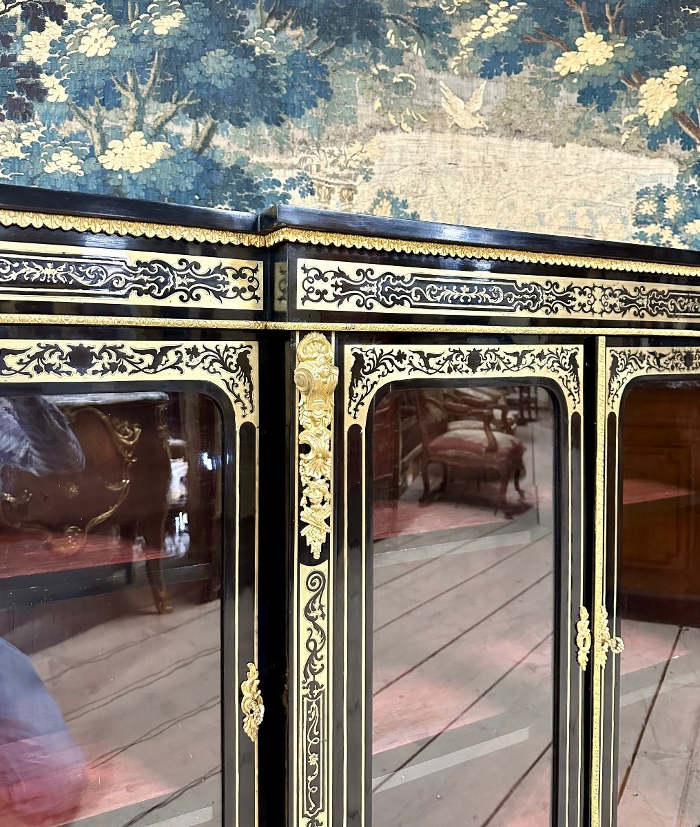 Grande Enfilade Ou Bibliothèque Basse En Marqueterie Boulle, Bois Noirci, époque Napoléon III-photo-3