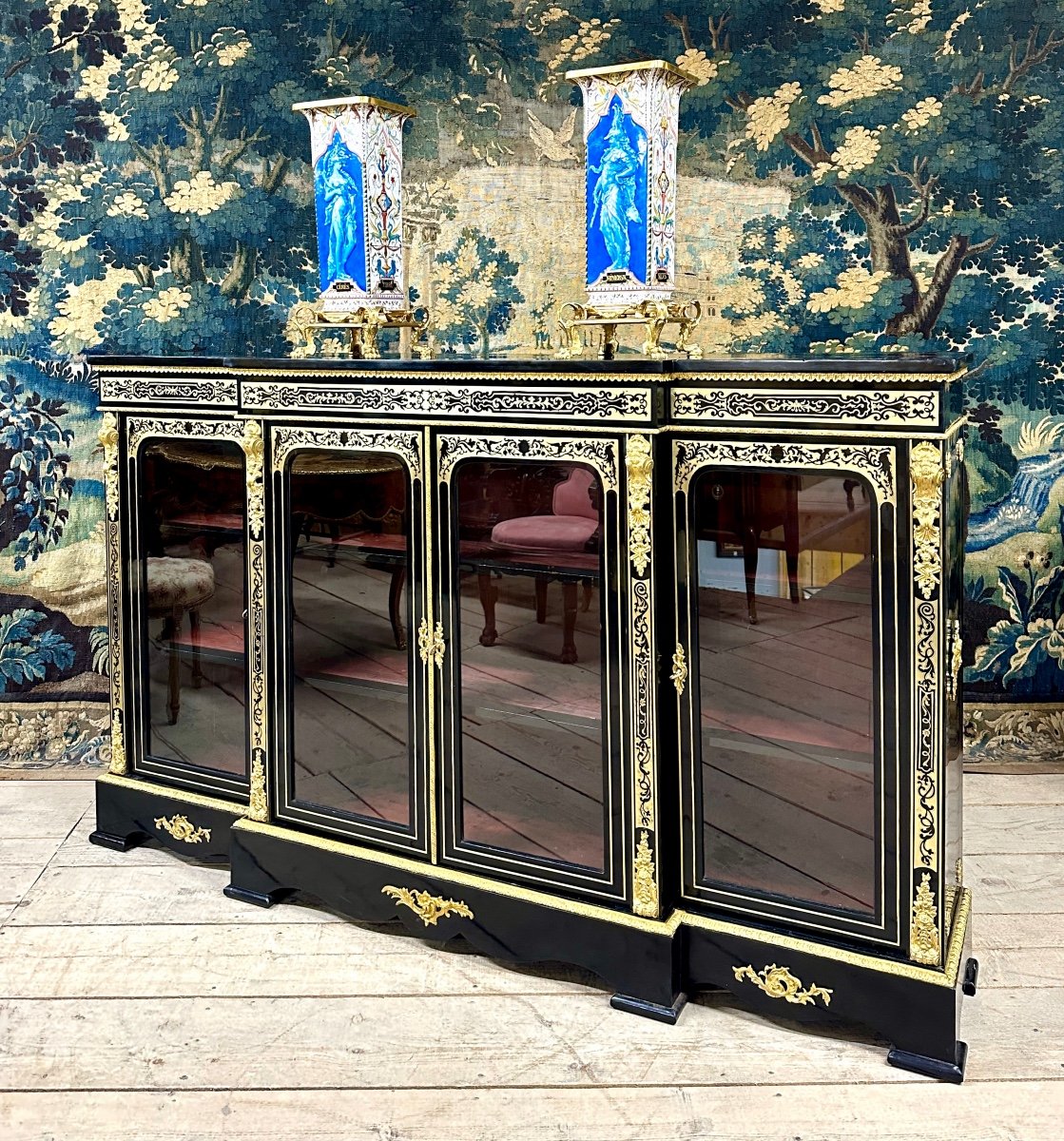 Large Sideboard Or Low Library In Boulle Marquetry, Blackened Wood, Napoleon III Period-photo-4