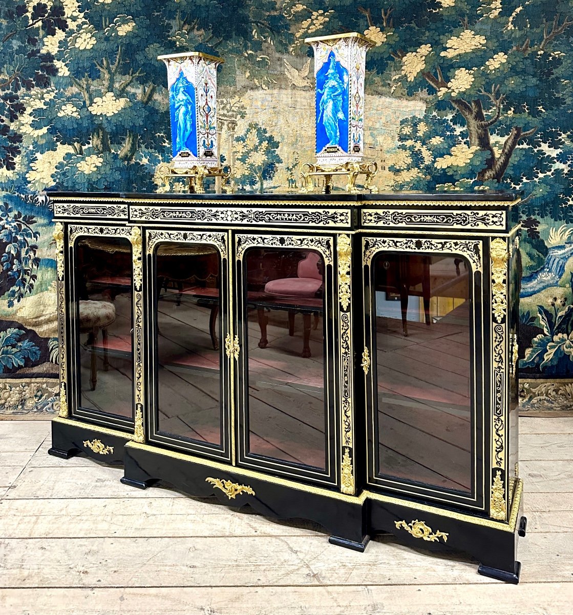 Grande Enfilade Ou Bibliothèque Basse En Marqueterie Boulle, Bois Noirci, époque Napoléon III-photo-4