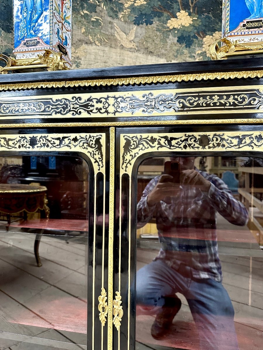 Grande Enfilade Ou Bibliothèque Basse En Marqueterie Boulle, Bois Noirci, époque Napoléon III-photo-3