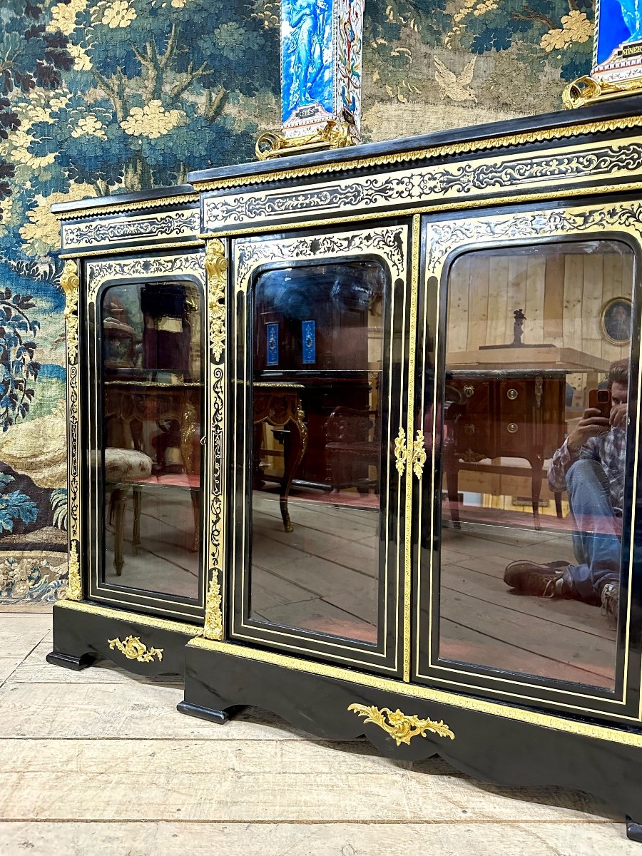 Large Sideboard Or Low Library In Boulle Marquetry, Blackened Wood, Napoleon III Period-photo-4