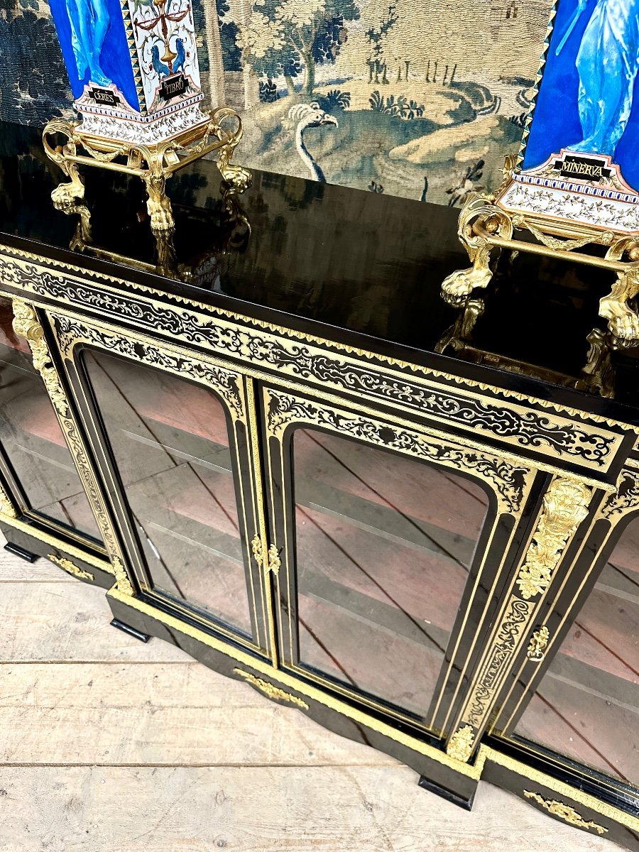 Large Sideboard Or Low Library In Boulle Marquetry, Blackened Wood, Napoleon III Period-photo-5