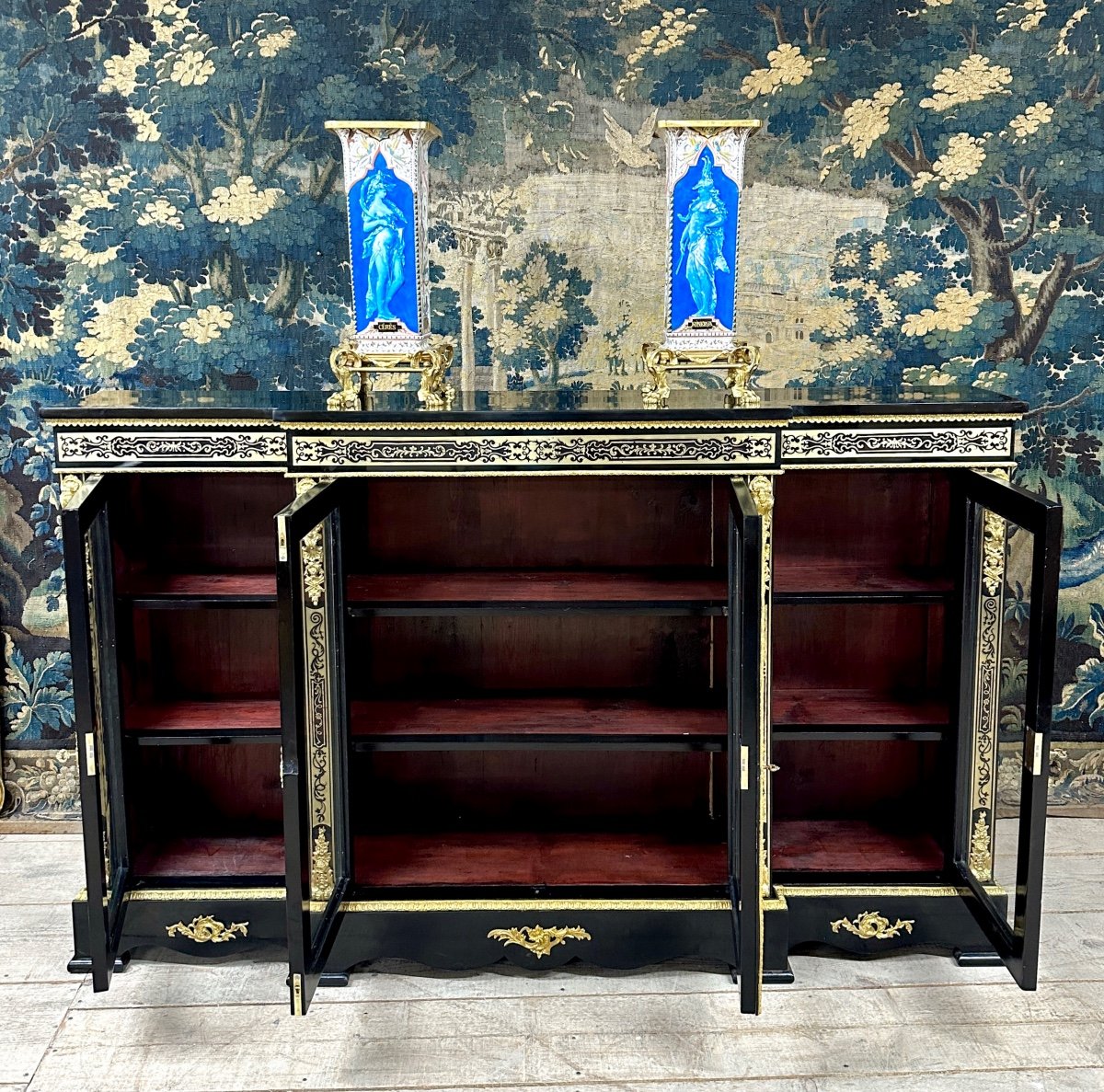 Large Sideboard Or Low Library In Boulle Marquetry, Blackened Wood, Napoleon III Period-photo-6