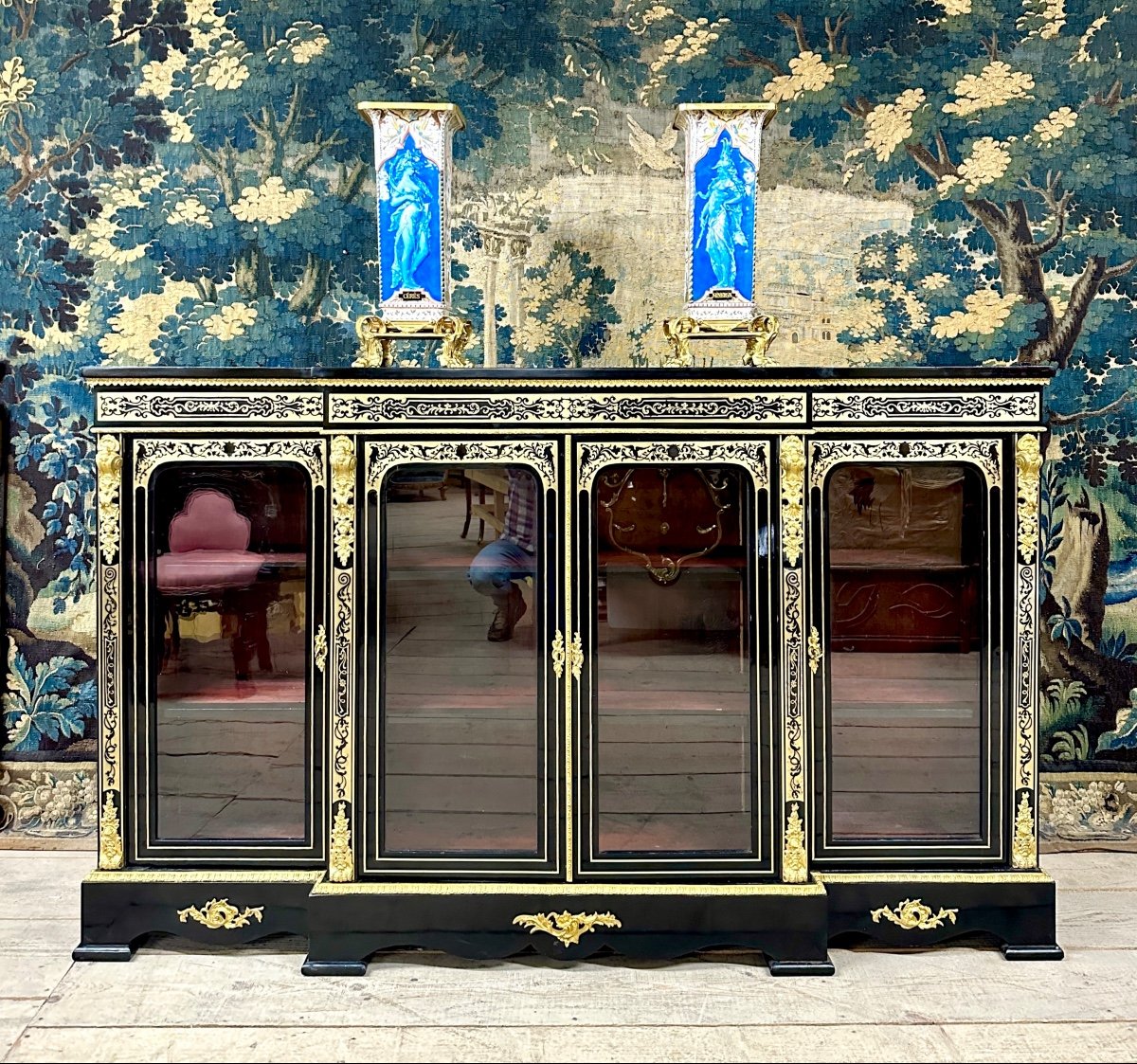 Large Sideboard Or Low Library In Boulle Marquetry, Blackened Wood, Napoleon III Period