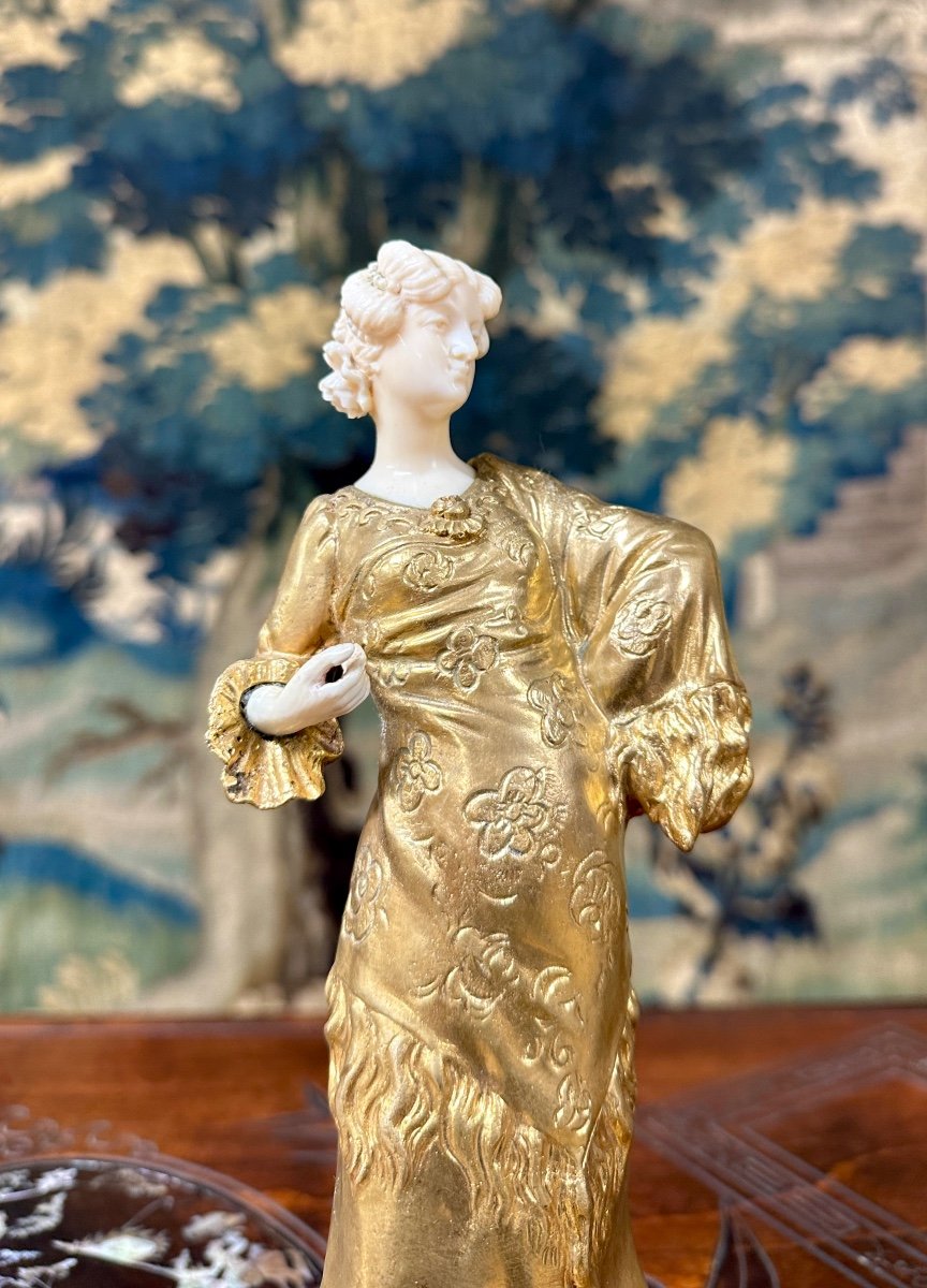 Sculpture Chryséléphantine Représentant Une Danseuse, Bronze Doré. époque Art Nouveau-photo-4
