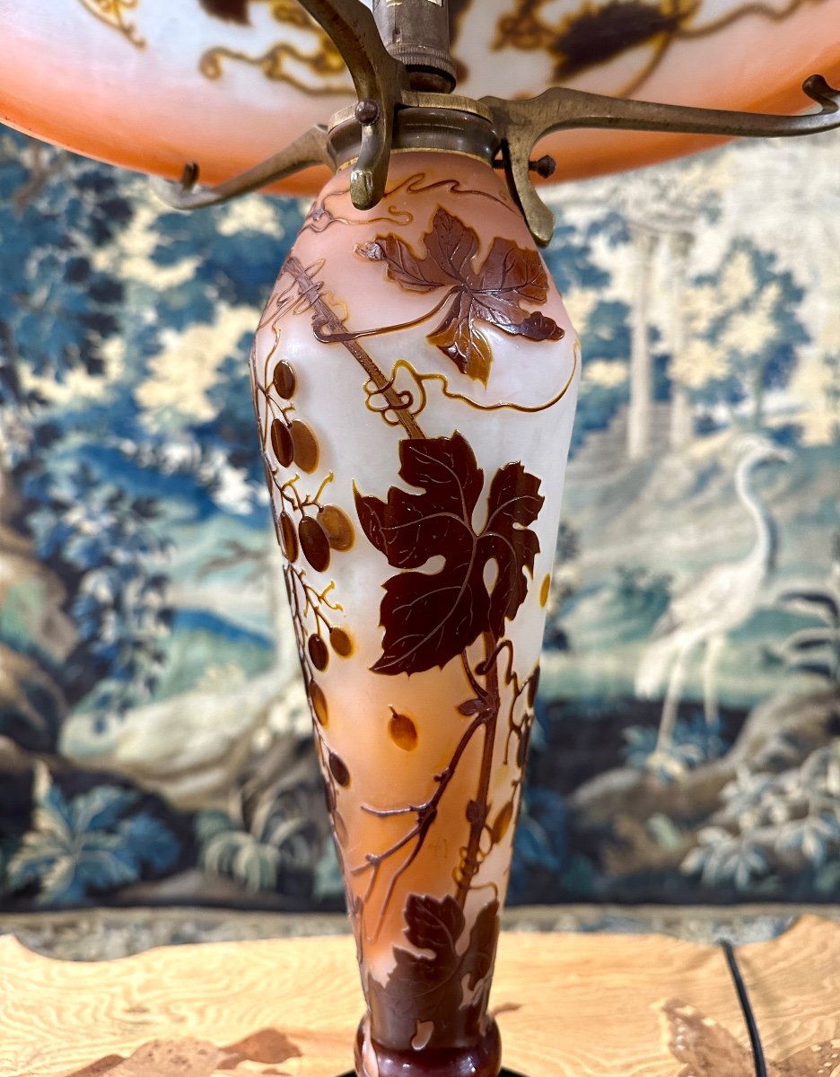 émile Gallé - Large Mushroom Lamp Decorated With Grapes And Vines, Art Nouveau Glass Paste-photo-8