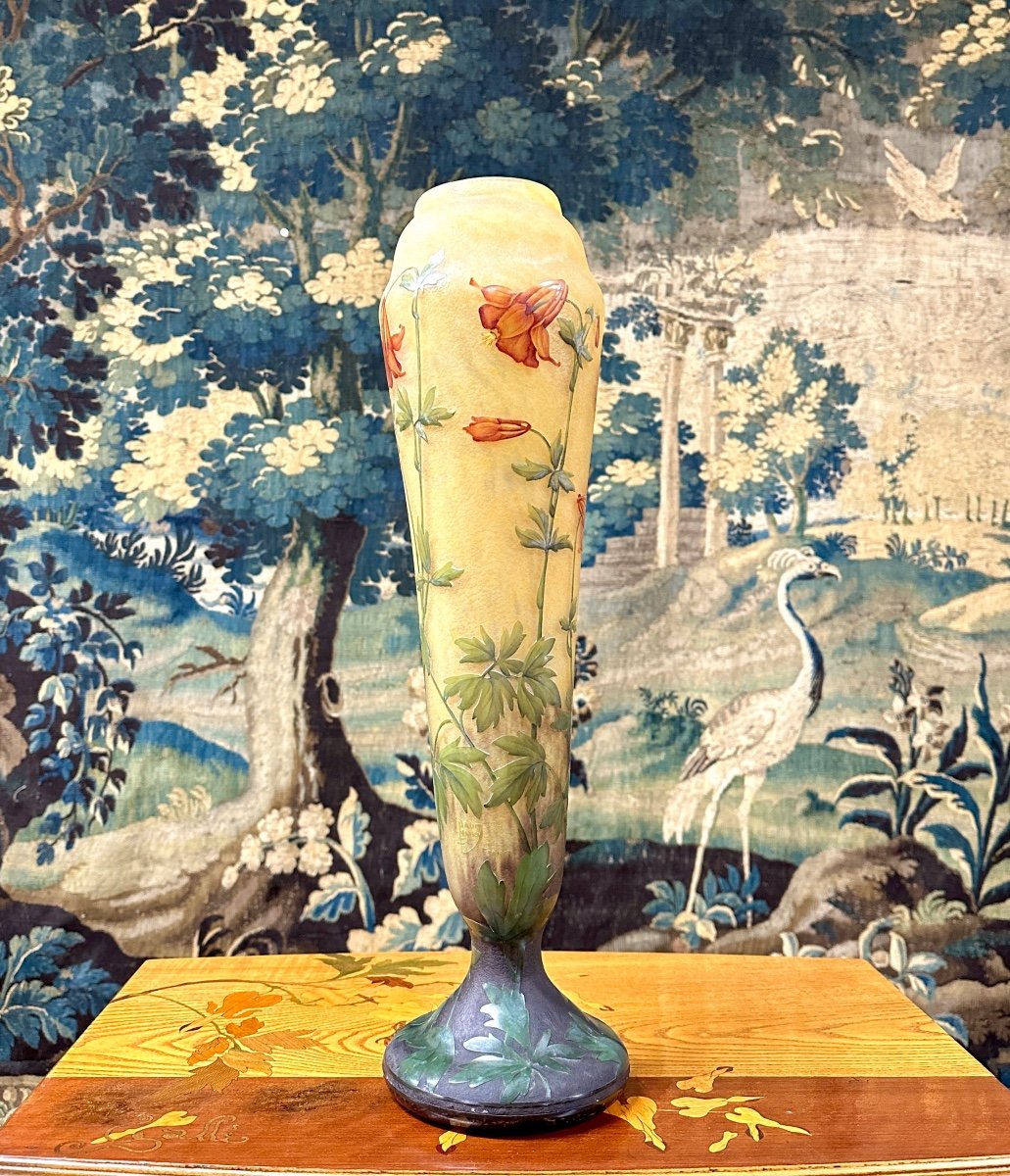 Daum Nancy - Important Vase With Columbines, 53 Cm, Art Nouveau Period, Glass Paste-photo-2