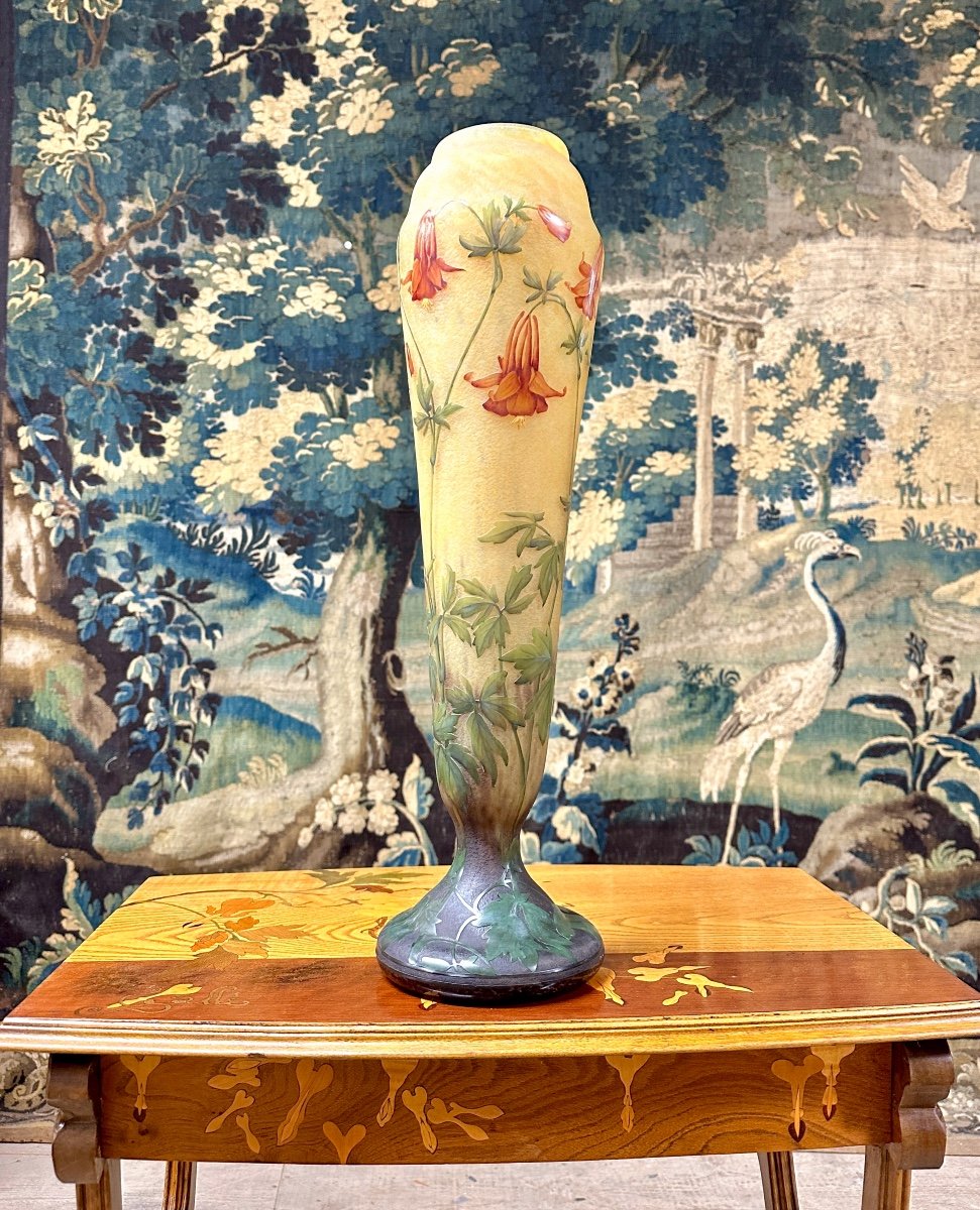 Daum Nancy - Important Vase With Columbines, 53 Cm, Art Nouveau Period, Glass Paste-photo-3