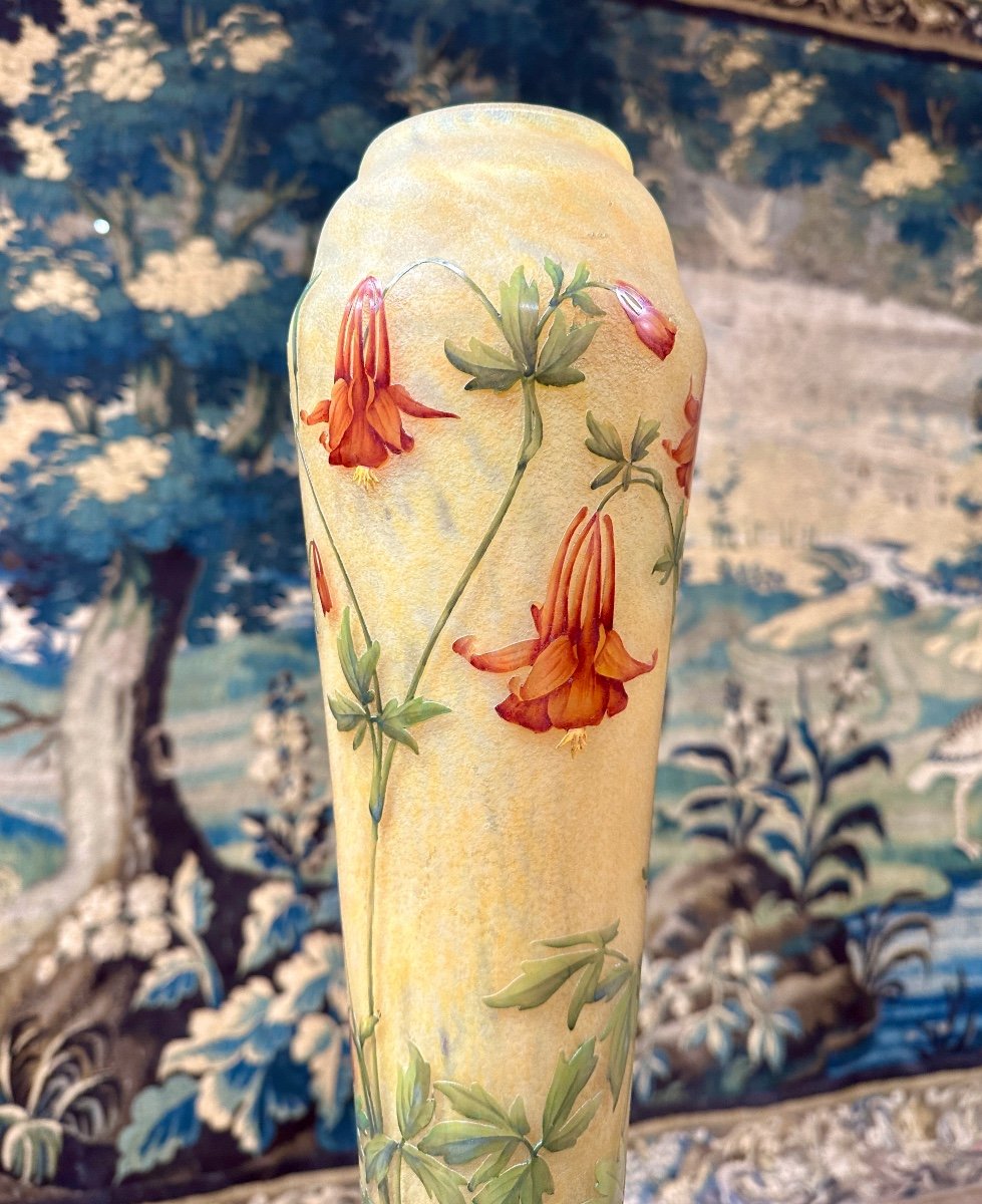 Daum Nancy - Important Vase With Columbines, 53 Cm, Art Nouveau Period, Glass Paste-photo-3