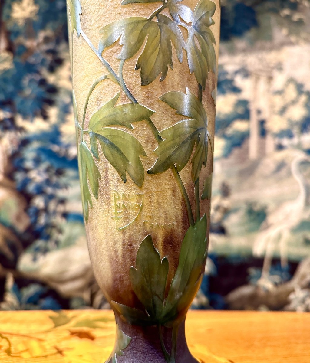 Daum Nancy - Important Vase With Columbines, 53 Cm, Art Nouveau Period, Glass Paste-photo-4