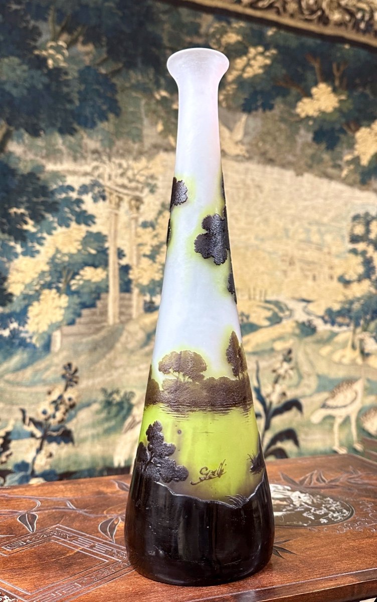 émile Gallé - Large 40 Cm Vase With Lake Landscape Decor, Art Nouveau Glass Paste-photo-2