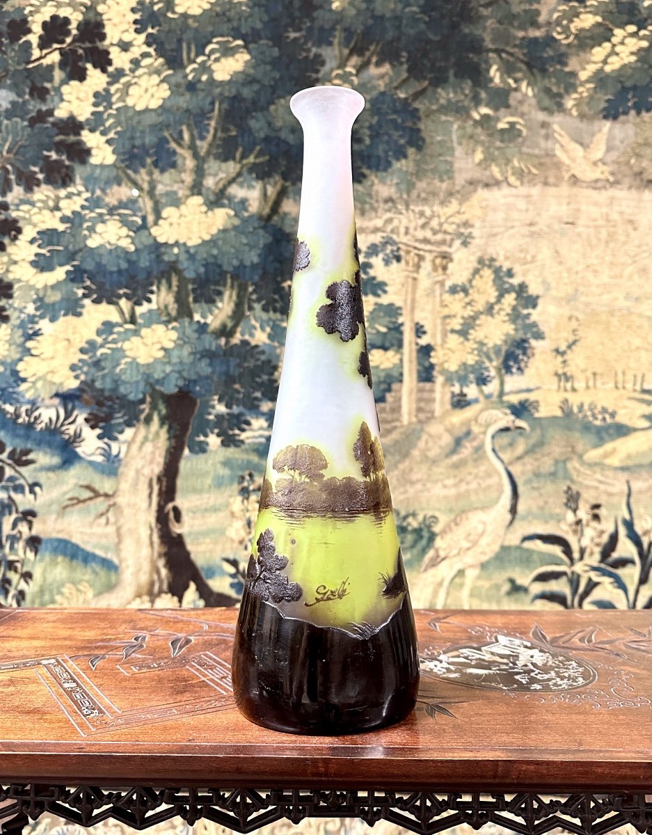 émile Gallé - Large 40 Cm Vase With Lake Landscape Decor, Art Nouveau Glass Paste-photo-3