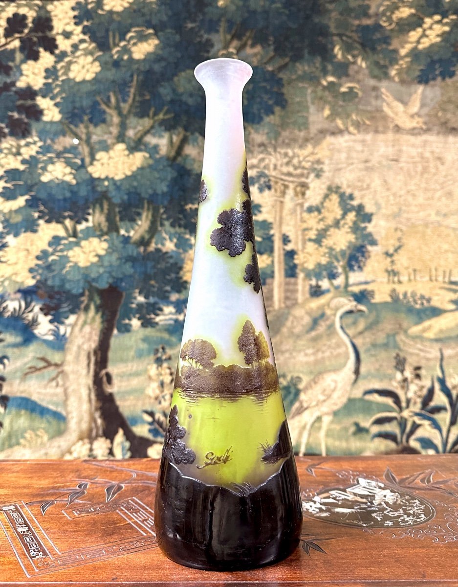 émile Gallé - Large 40 Cm Vase With Lake Landscape Decor, Art Nouveau Glass Paste