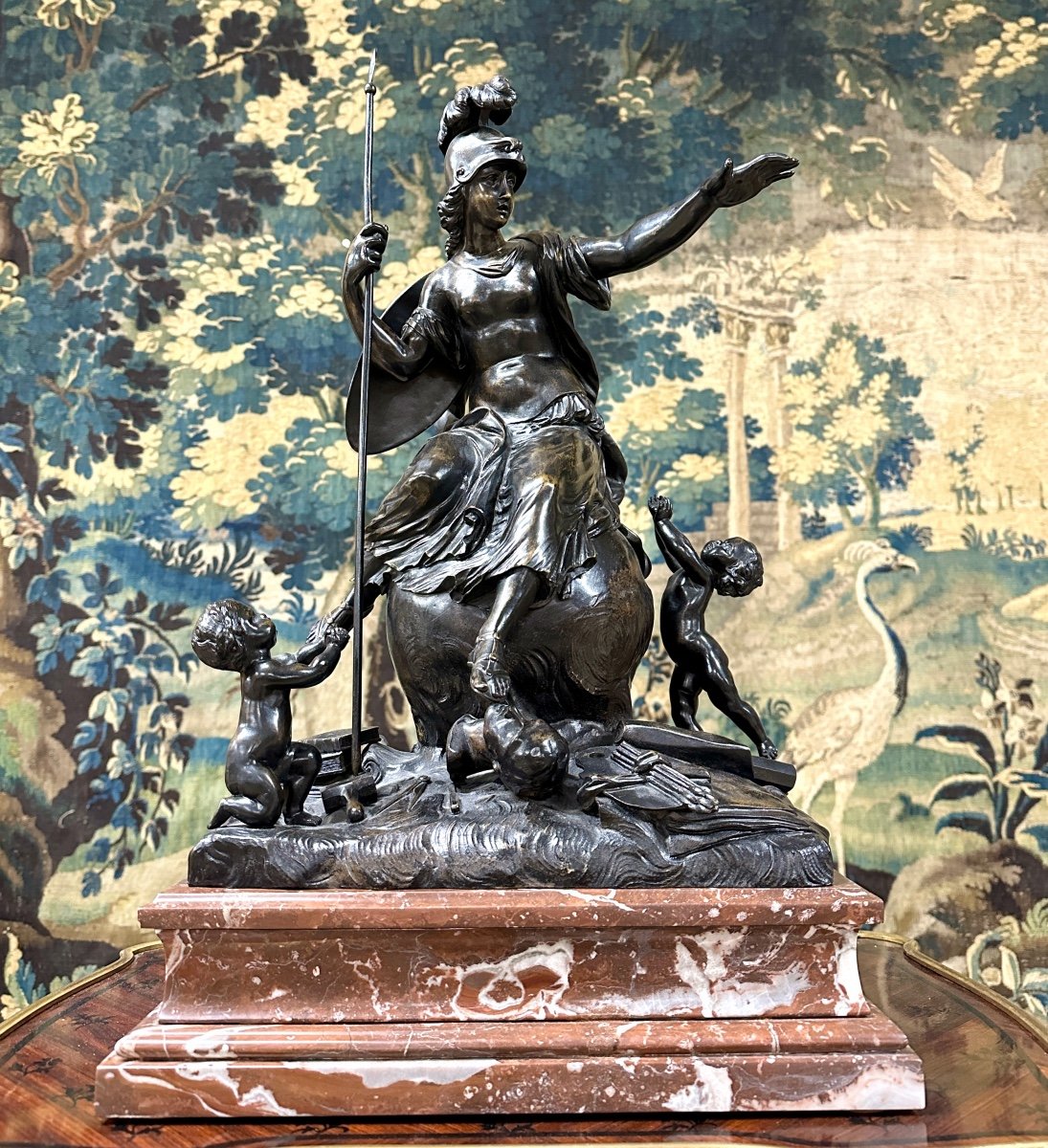 Bronze “the Triumph Of Minerva”, Old Cast Iron With Brown Patina In The Antique Taste. 19th Century-photo-2