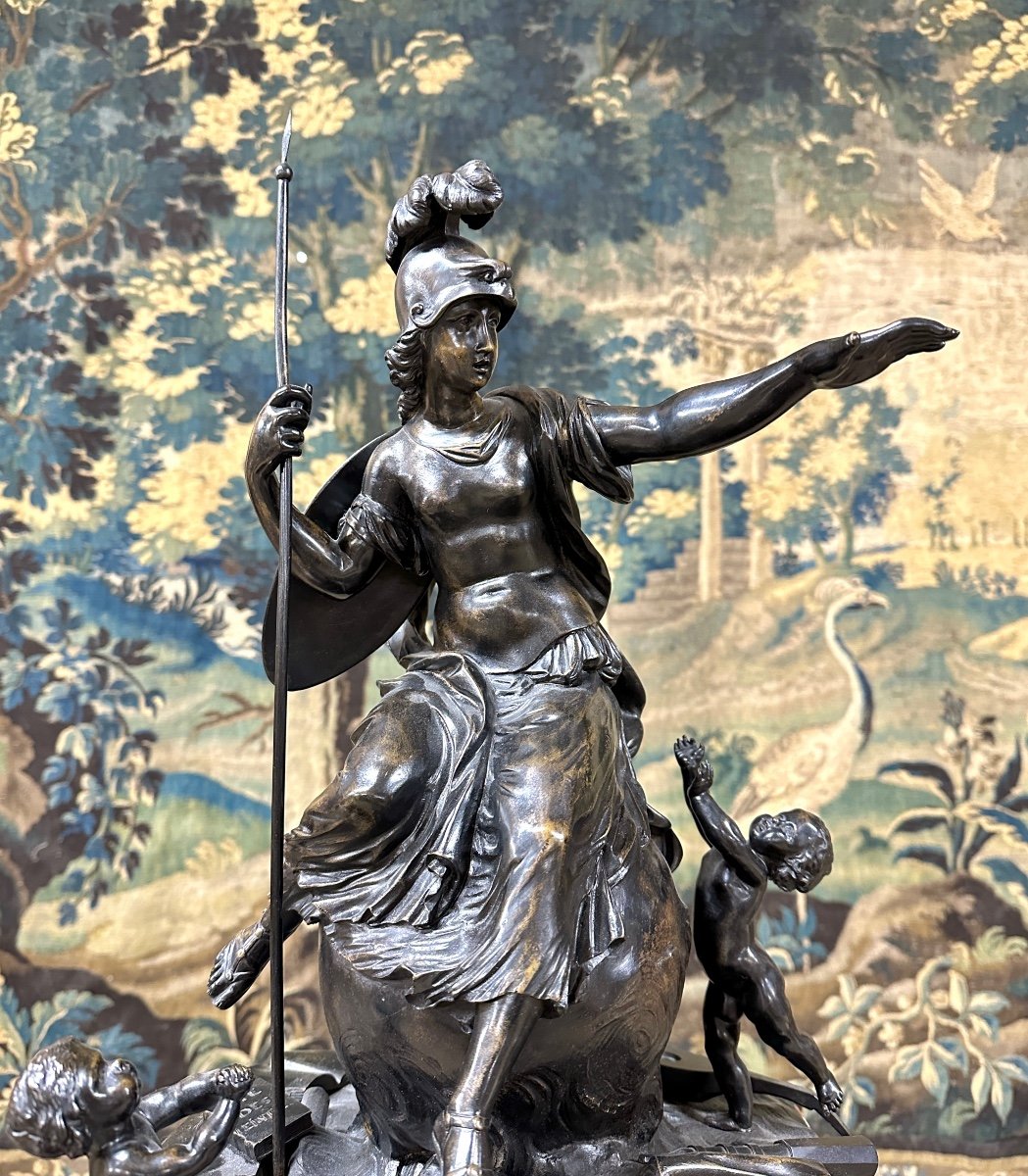 Bronze “the Triumph Of Minerva”, Old Cast Iron With Brown Patina In The Antique Taste. 19th Century-photo-3