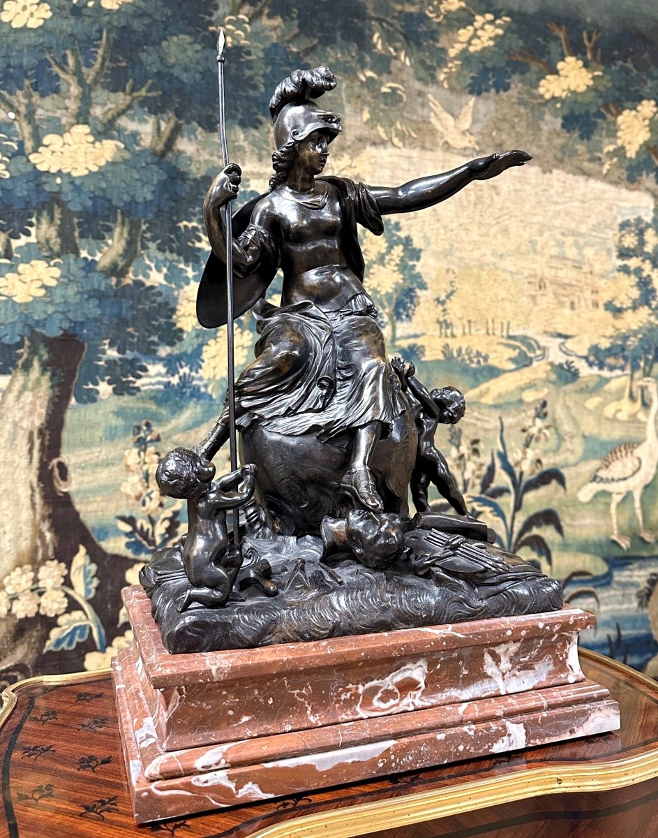 Bronze “the Triumph Of Minerva”, Old Cast Iron With Brown Patina In The Antique Taste. 19th Century-photo-4
