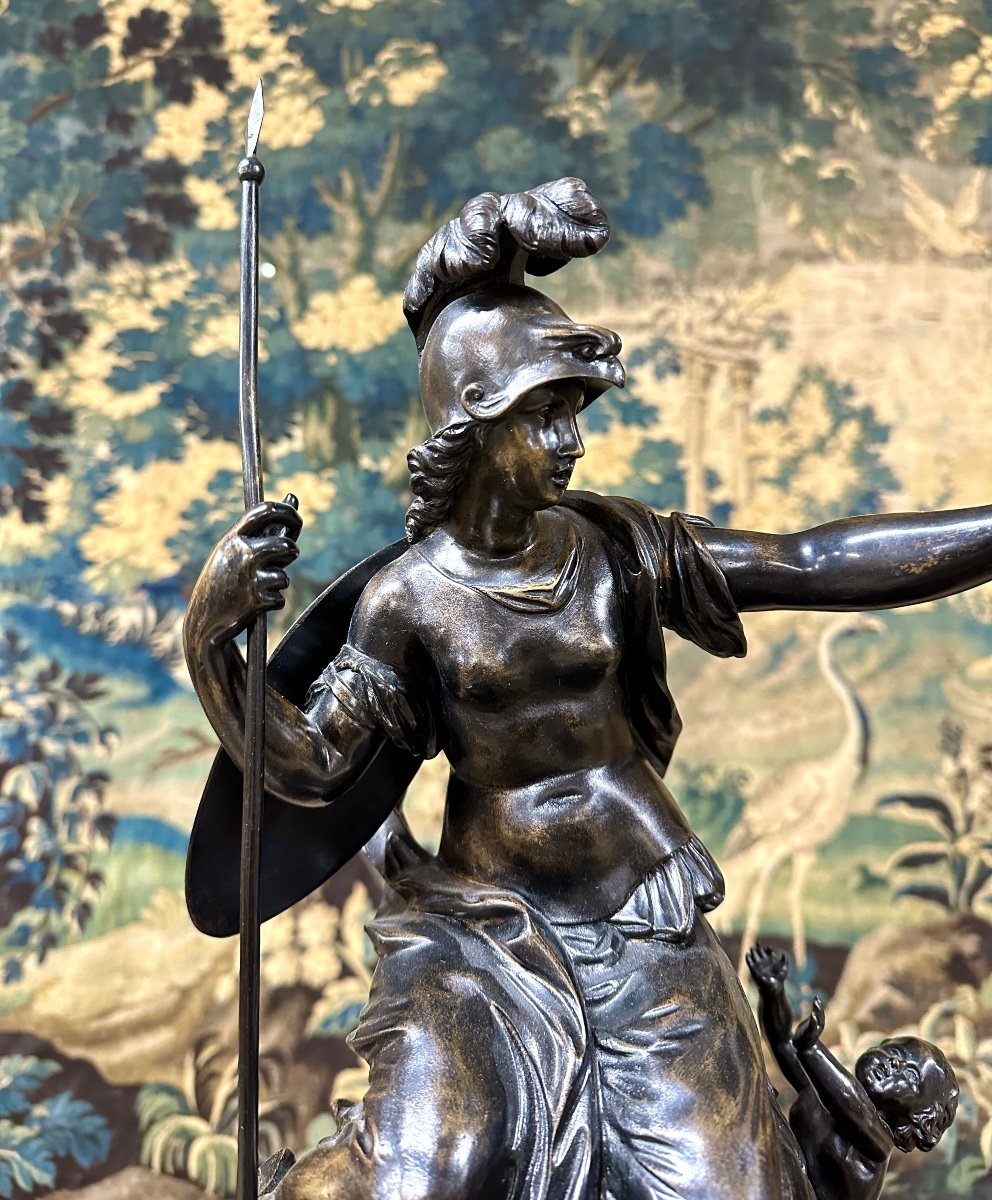 Bronze “the Triumph Of Minerva”, Old Cast Iron With Brown Patina In The Antique Taste. 19th Century-photo-1