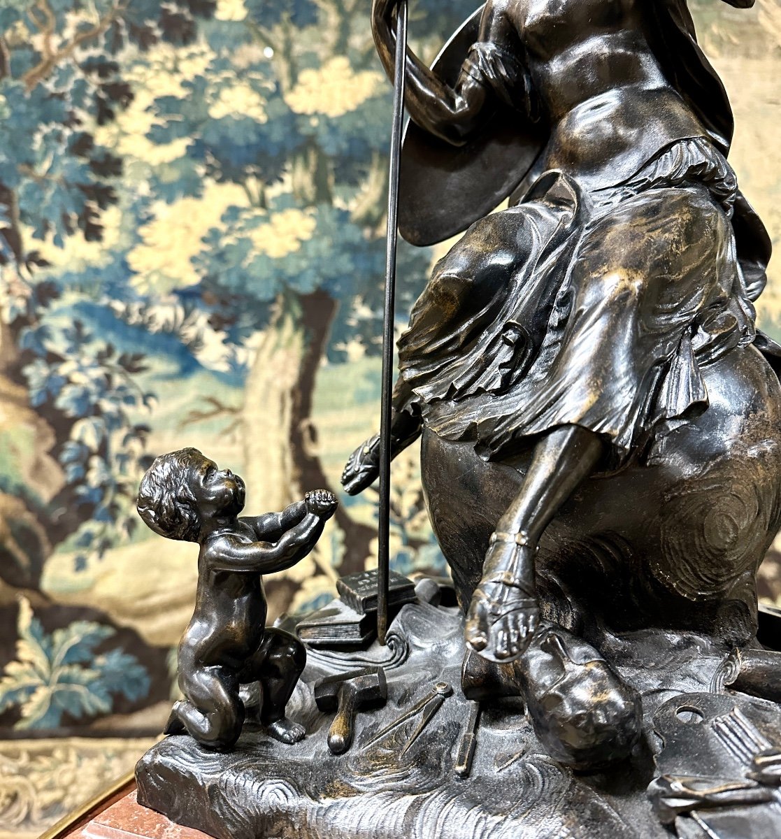 Bronze “the Triumph Of Minerva”, Old Cast Iron With Brown Patina In The Antique Taste. 19th Century-photo-2