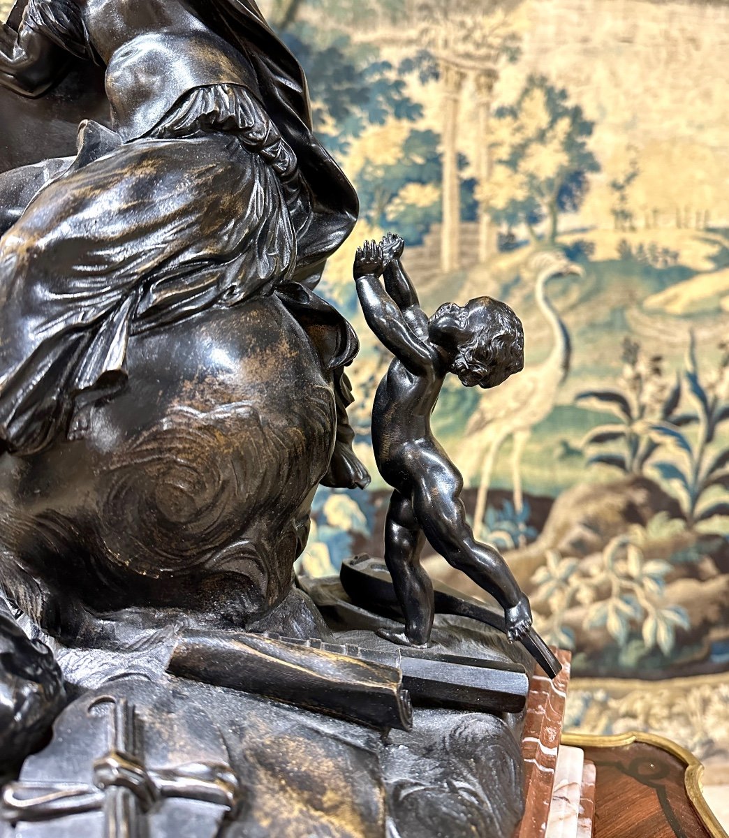 Bronze “the Triumph Of Minerva”, Old Cast Iron With Brown Patina In The Antique Taste. 19th Century-photo-3