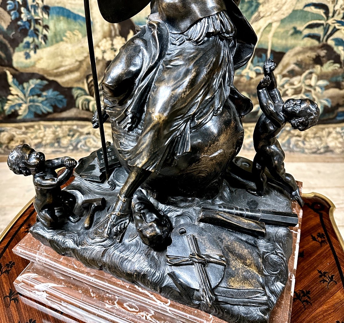 Bronze “the Triumph Of Minerva”, Old Cast Iron With Brown Patina In The Antique Taste. 19th Century-photo-4