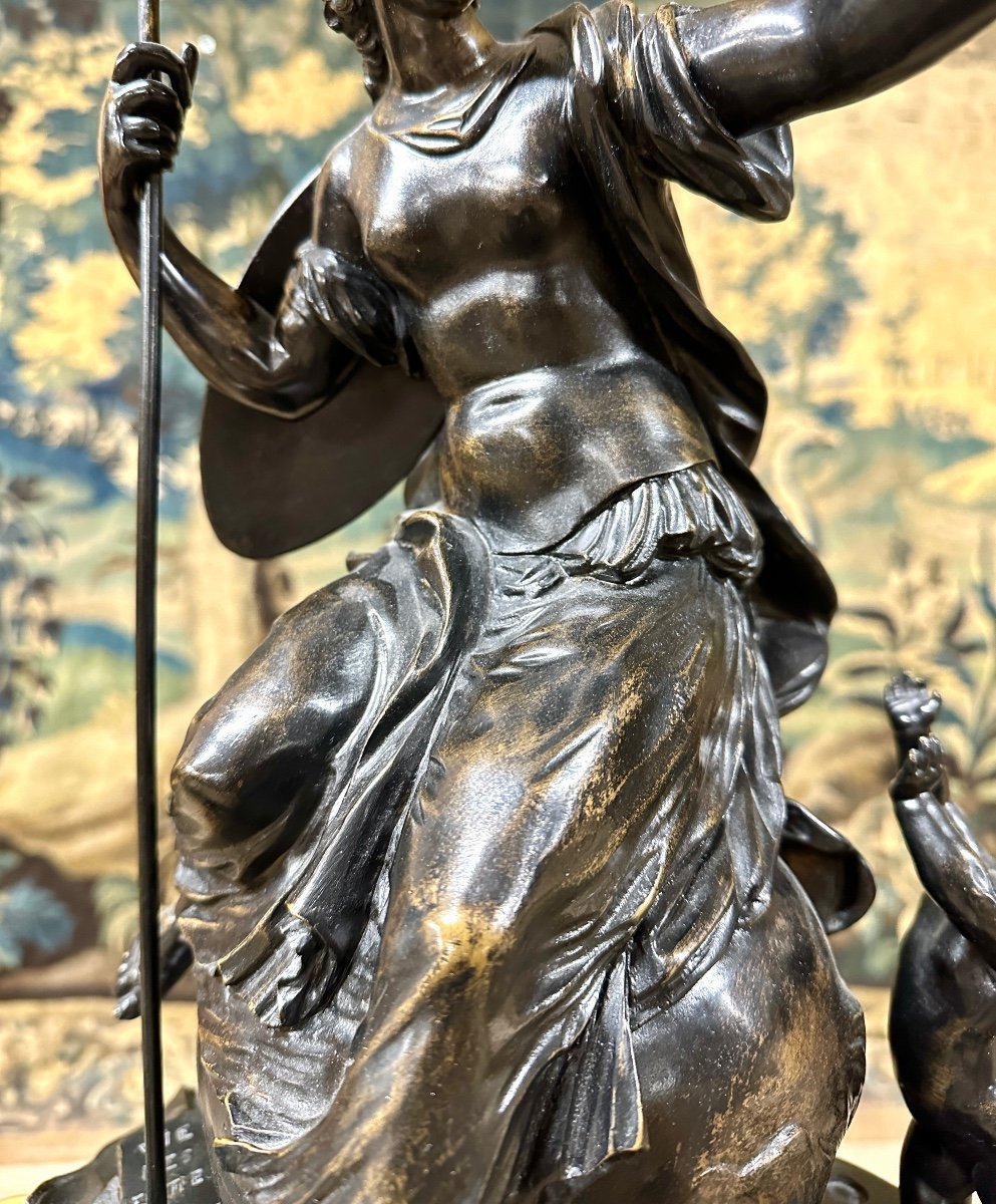 Bronze “the Triumph Of Minerva”, Old Cast Iron With Brown Patina In The Antique Taste. 19th Century-photo-6