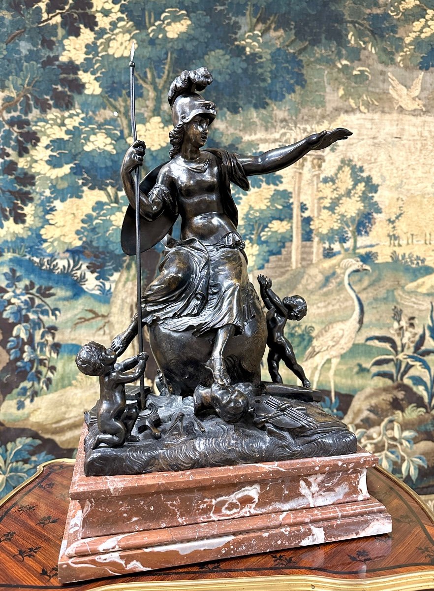 Bronze “the Triumph Of Minerva”, Old Cast Iron With Brown Patina In The Antique Taste. 19th Century