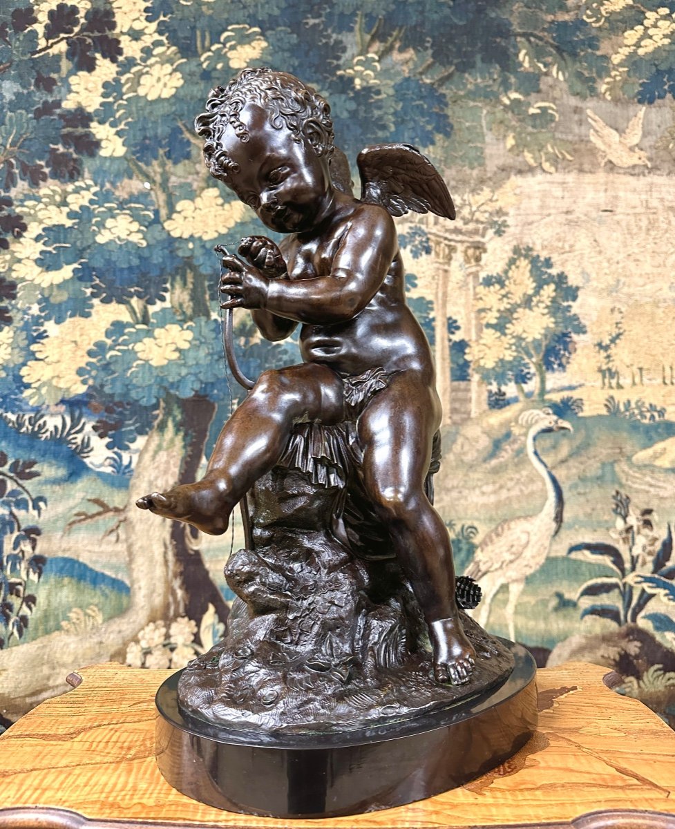 Charles Gabriel Lemir - Cupid Or Love Bending His Bow, Bronze Statue With Brown Patina-photo-3