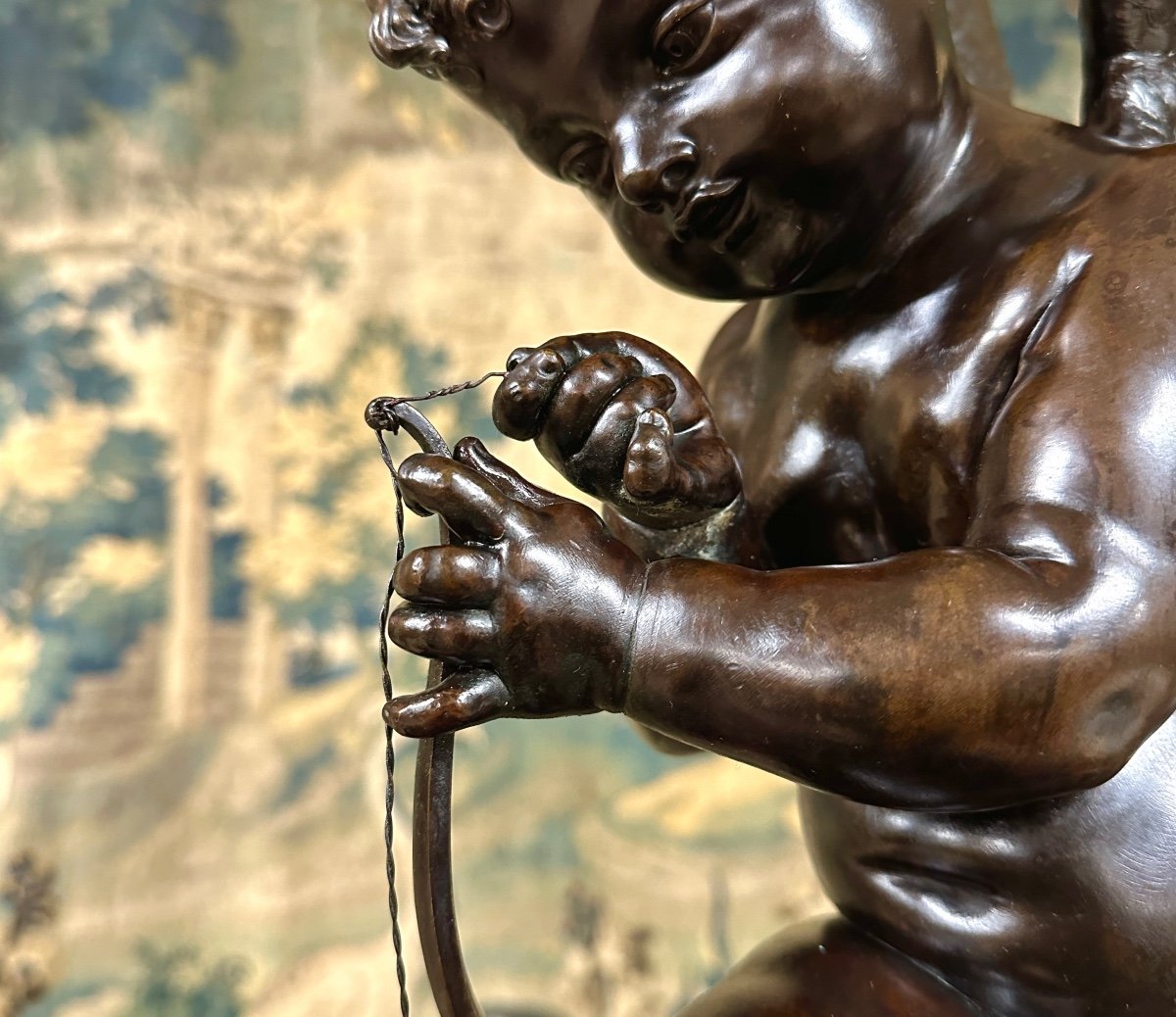 Charles Gabriel Lemir - Cupid Or Love Bending His Bow, Bronze Statue With Brown Patina-photo-2
