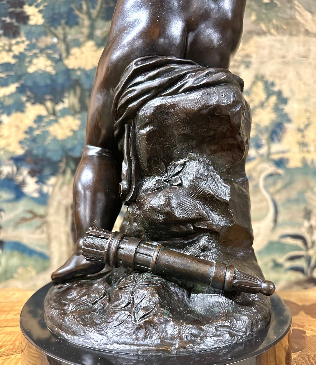 Charles Gabriel Lemir - Cupid Or Love Bending His Bow, Bronze Statue With Brown Patina-photo-4